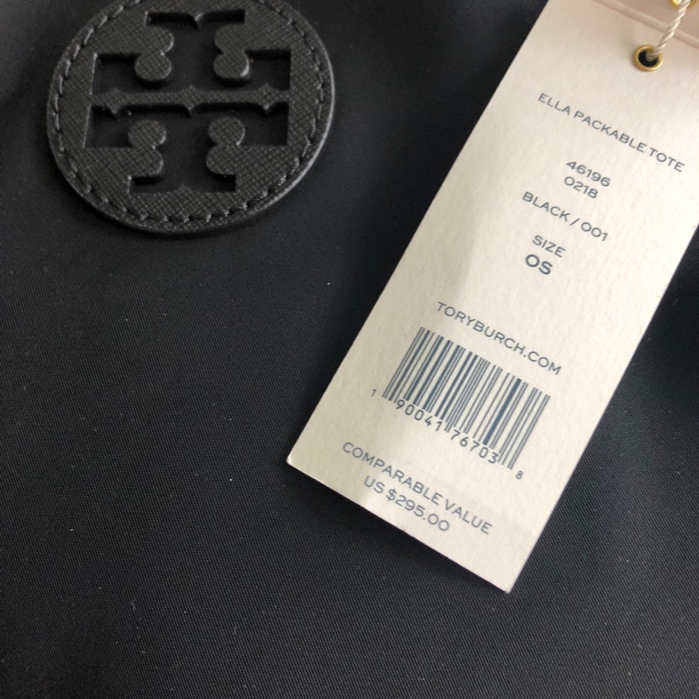 NWT TORY BURCH BLACK ELLA NYLON PACKABLE TOTE - Picture 3 of 8